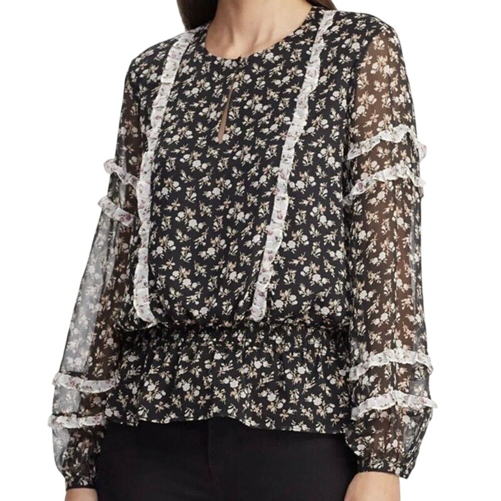 Lauren Ralph Lauren LRL Black Floral Ruffle Trim Georgette Blouse Top Size SP